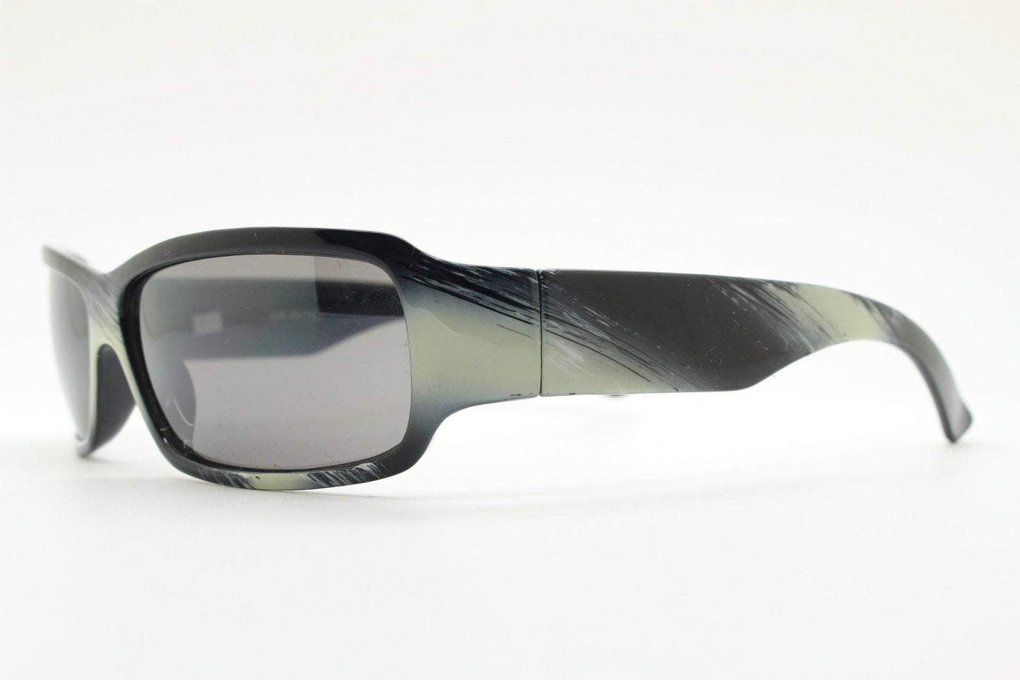 Y2k vintage wrap around rectangular sunglasses. Low profile curved white and black gloss frame with grey lenses. 2000's bug eye. NOS