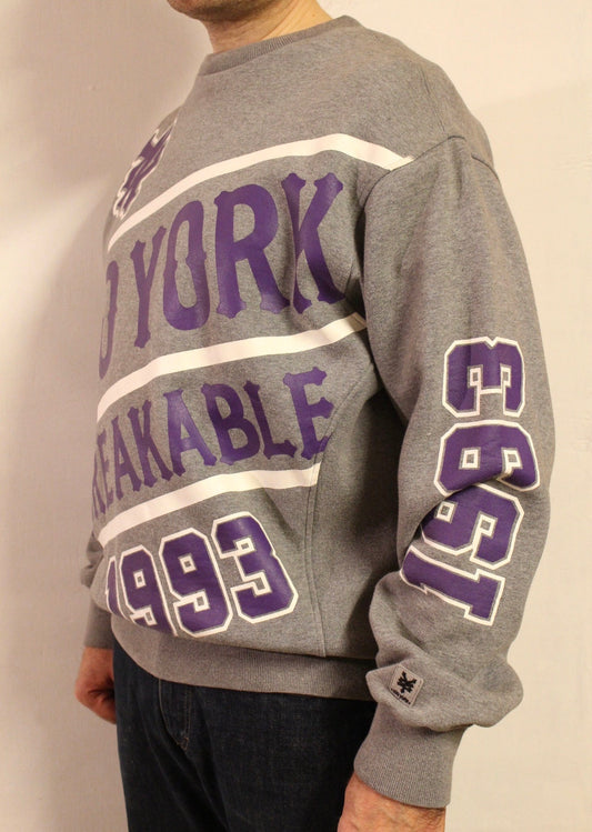 Zoo York vintage sweatshirt. Grey crew neck pullover with massive purple spell out graphic vinyl print. Round neck jumper. Mens medium