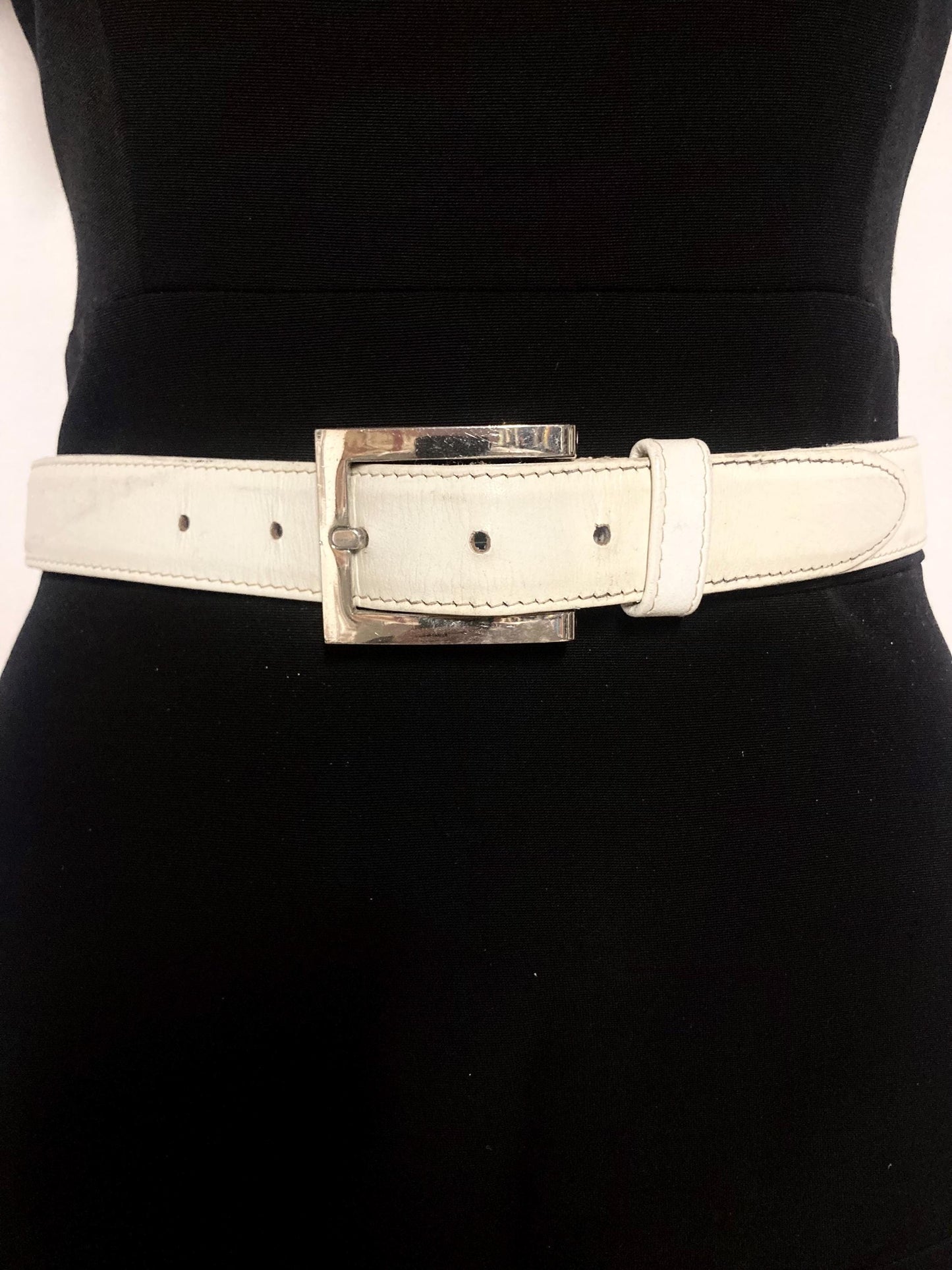 90s vintage womens dress or jeans belt by French Connection. Plain white genuine leather with chrome solid brass buckle. Made in England