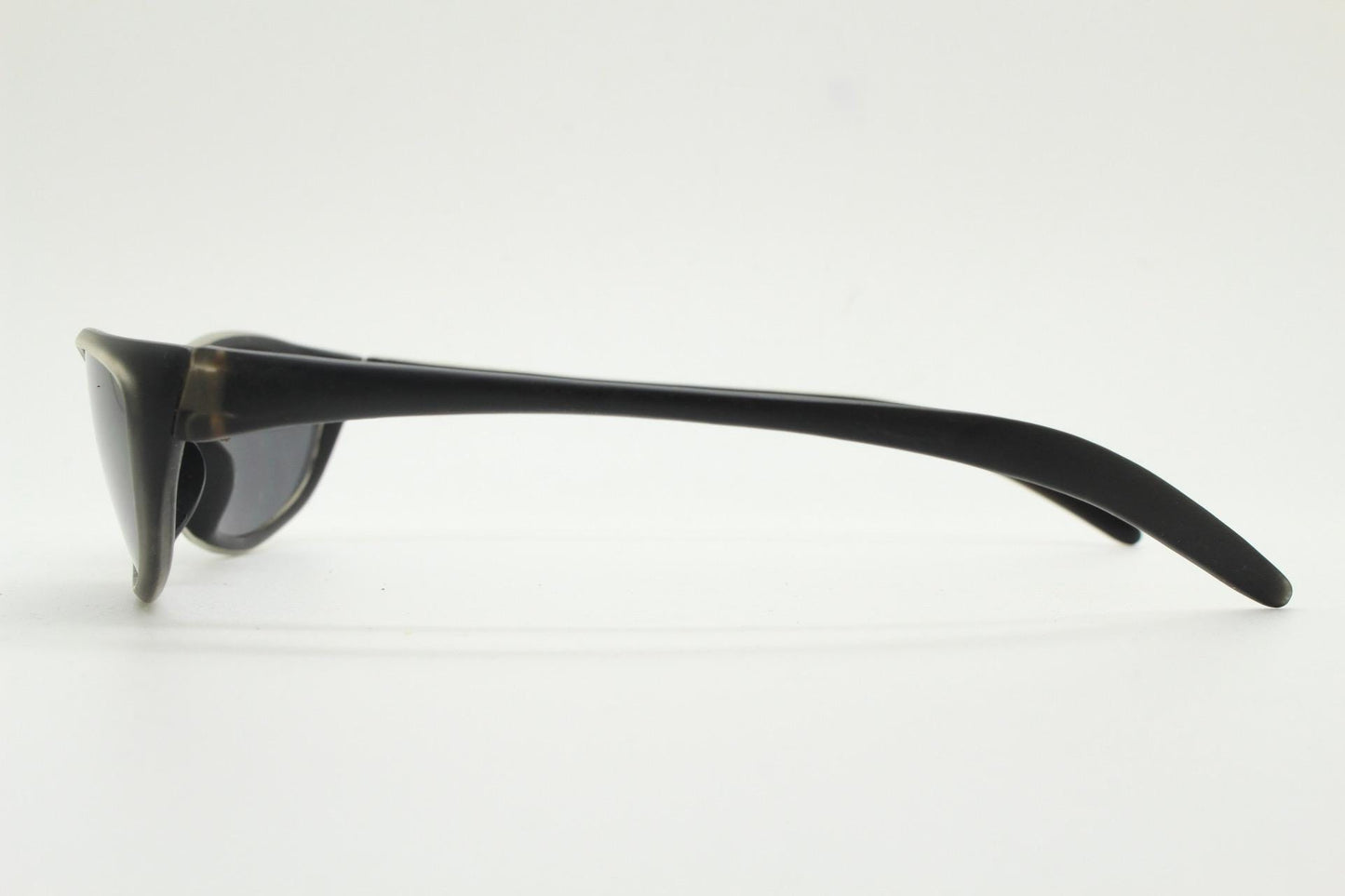 90s vintage curved wraparound sunglasses. Aerodynamic low profile transparent grey frosted frame. Minimal sporty shield design. NOS