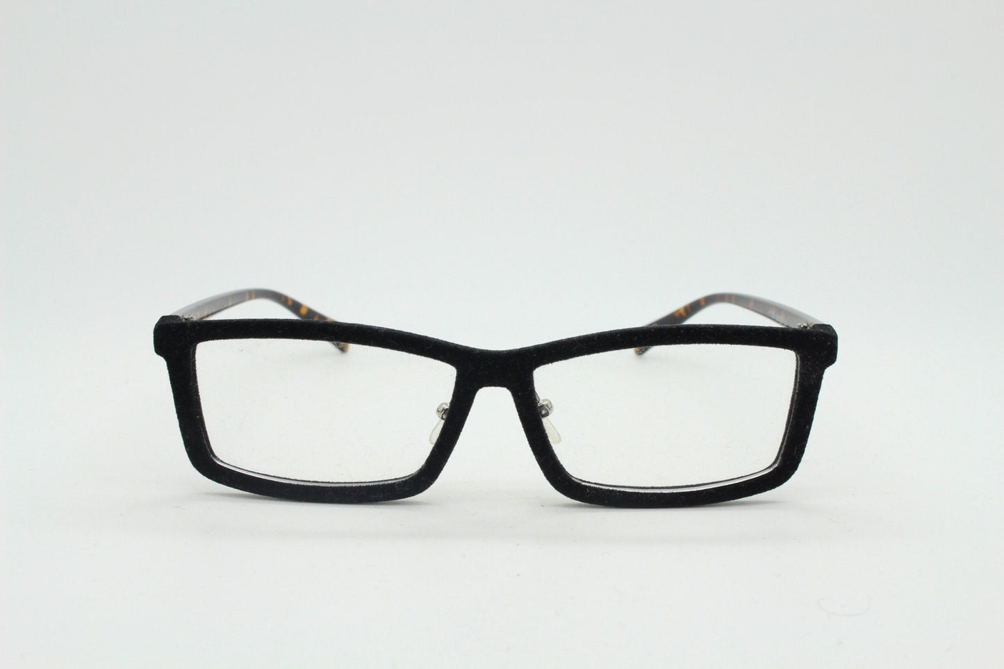 Y2K vintage black velvet glasses with tortoise arms. Stylised rectangular clear lens eyeglasses. NOS optical frames. RX spectacles