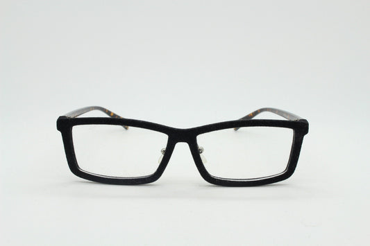 Y2K vintage black velvet glasses with tortoise arms. Stylised rectangular clear lens eyeglasses. NOS optical frames. RX spectacles