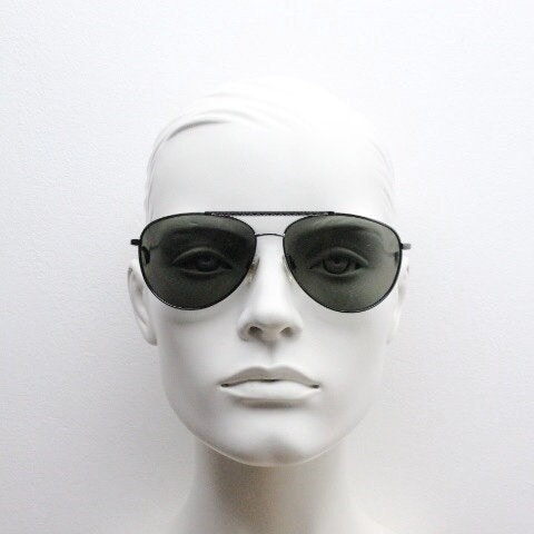 Gianfranco Ferre vintage aviator sunglasses made in Italy. Gunmetal grey chrome frame with green lenses. Mens aviators. Y2K New Old Stock