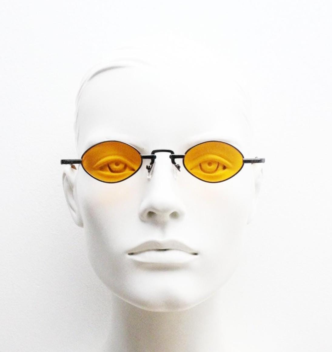 90s vintage small oval sunglasses. Imposing minimal rose gold metal victorian style frame with blazing orange lenses. Steampunk. BNWT