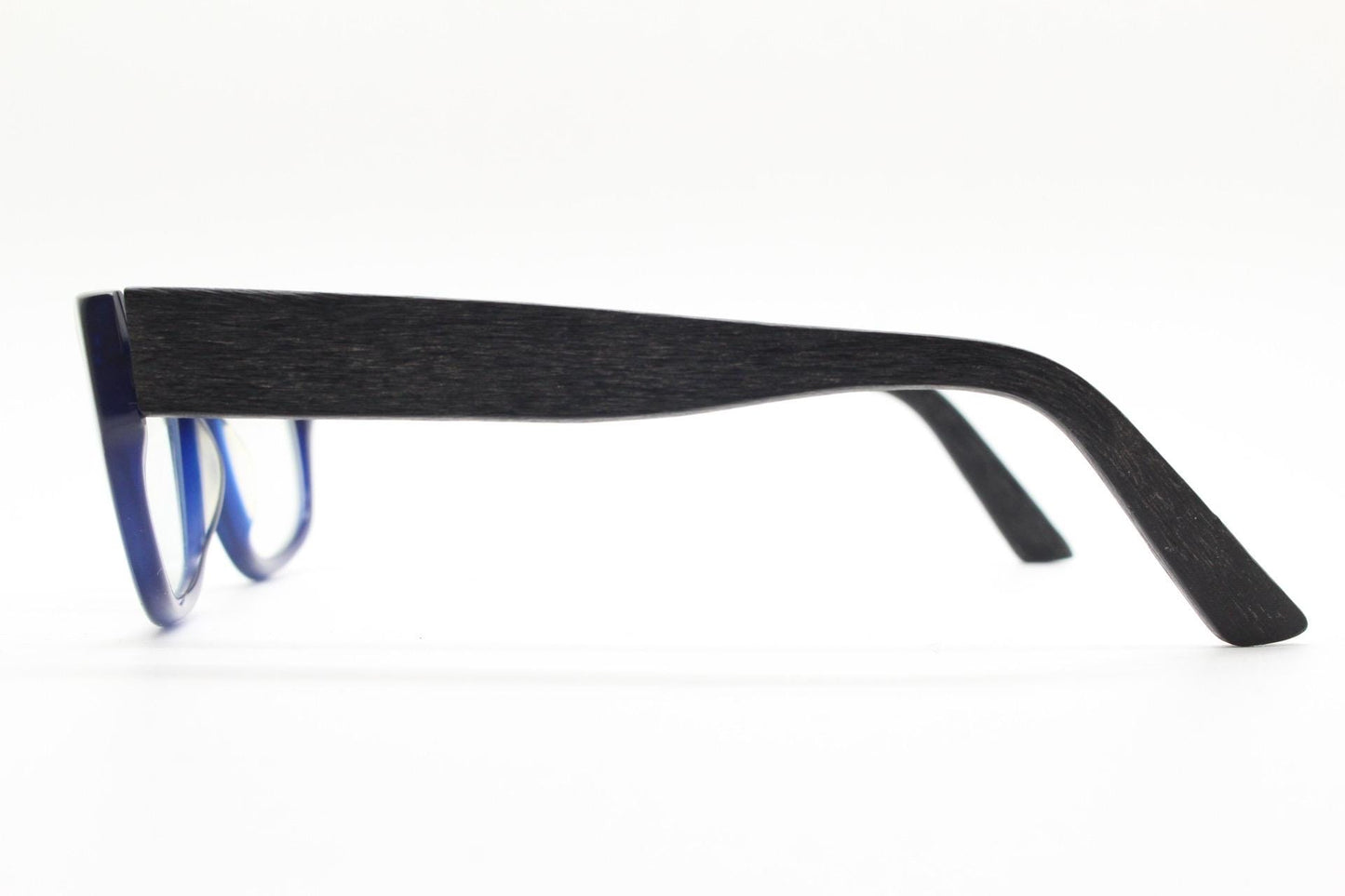Chunky frame modified cat eye glasses. Superior quality optical eyeglasses. Deep blue front with wood look arms. Prescription RX Spectacles