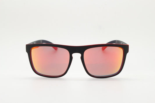 Y2K vintage rectangular sunglasses. Black and orange rubber finish frame with intense gold mirror lenses. Modified wayfarer. 2000's NOS