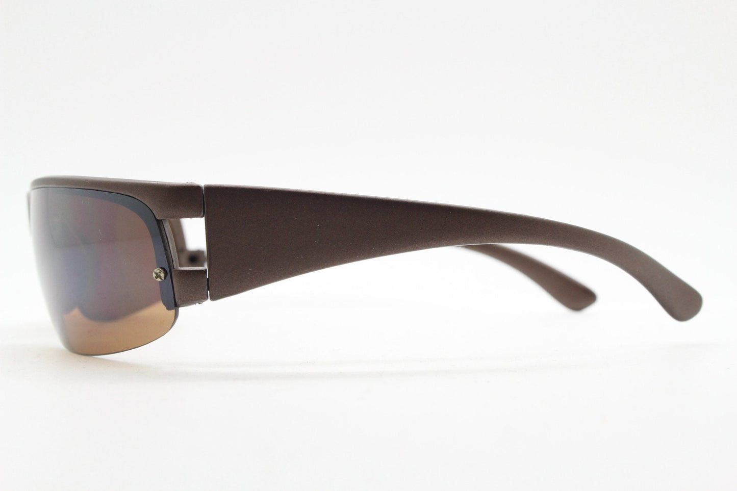 90s vintage visor sunglasses. Brown matt half frame wrap around sports shield with light tone lenses. Mini mask. 2000's. Y2K NOS