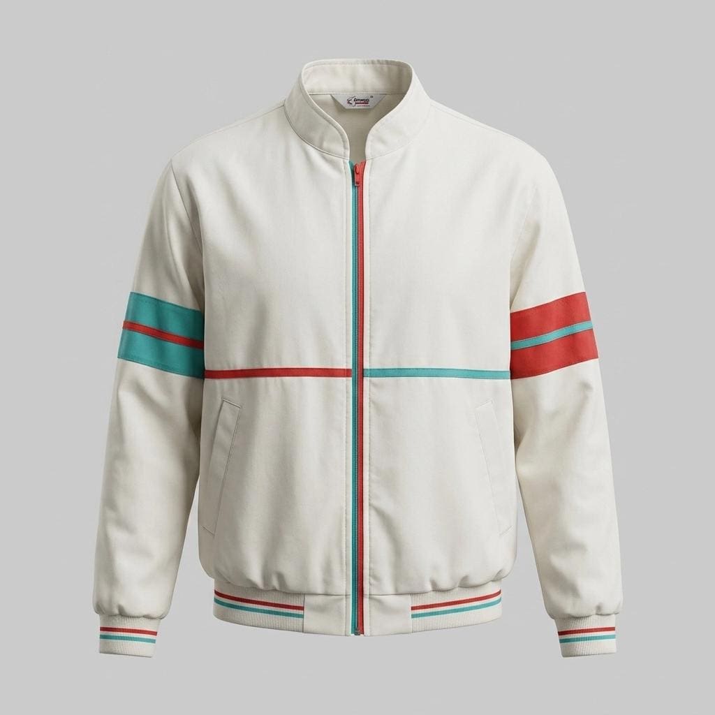Gabicci Concept Design 80s vintage zip bomber jacket in white with green and red mirror image stripe details. Mens round neck. Cult casuals