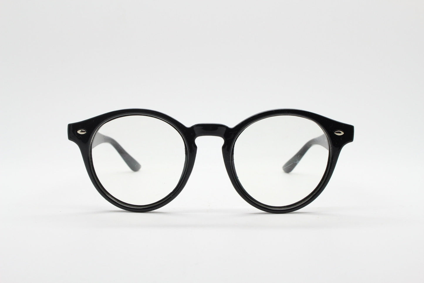 90s vintage black rounded wayfarer style glasses. Black gloss optical frames with clear lenses. Prescription eyeglasses. RX spectacles
