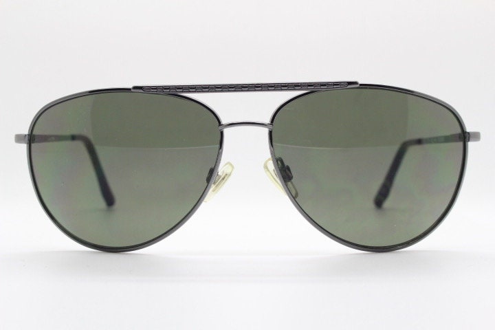Gianfranco Ferre vintage aviator sunglasses made in Italy. Gunmetal grey chrome frame with green lenses. Mens aviators. Y2K New Old Stock