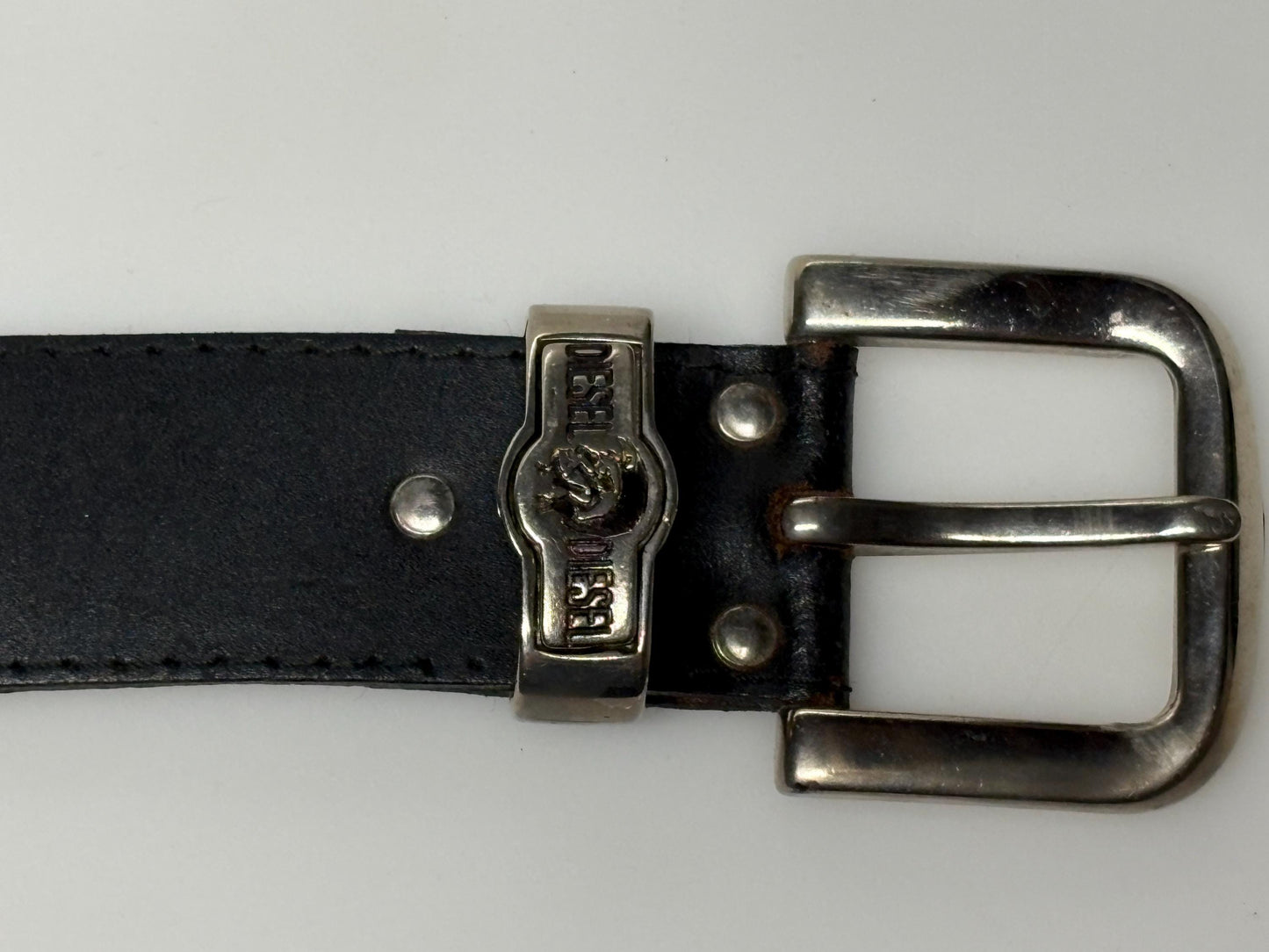 Diesel 90s vintage thick black genuine leather belt for jeans Superior quality with silver buckle and mohican crest. Single piece cowhide