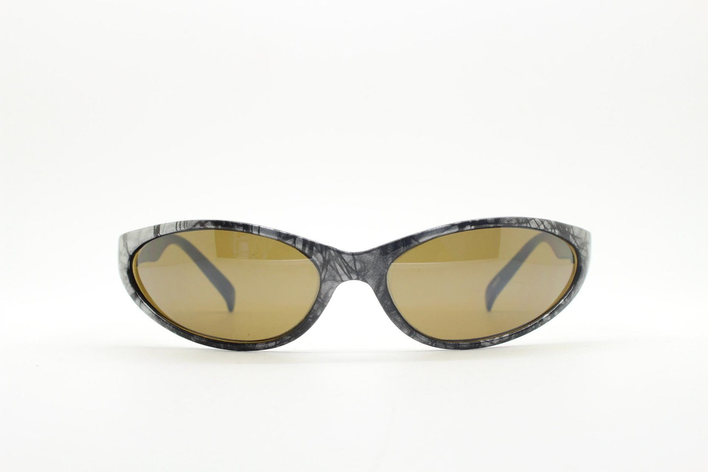 90s vintage sport shield aerodynamic sunglasses. Silver and black marble print wraparound bug eye visor with brown lenses. 2000's. Y2K