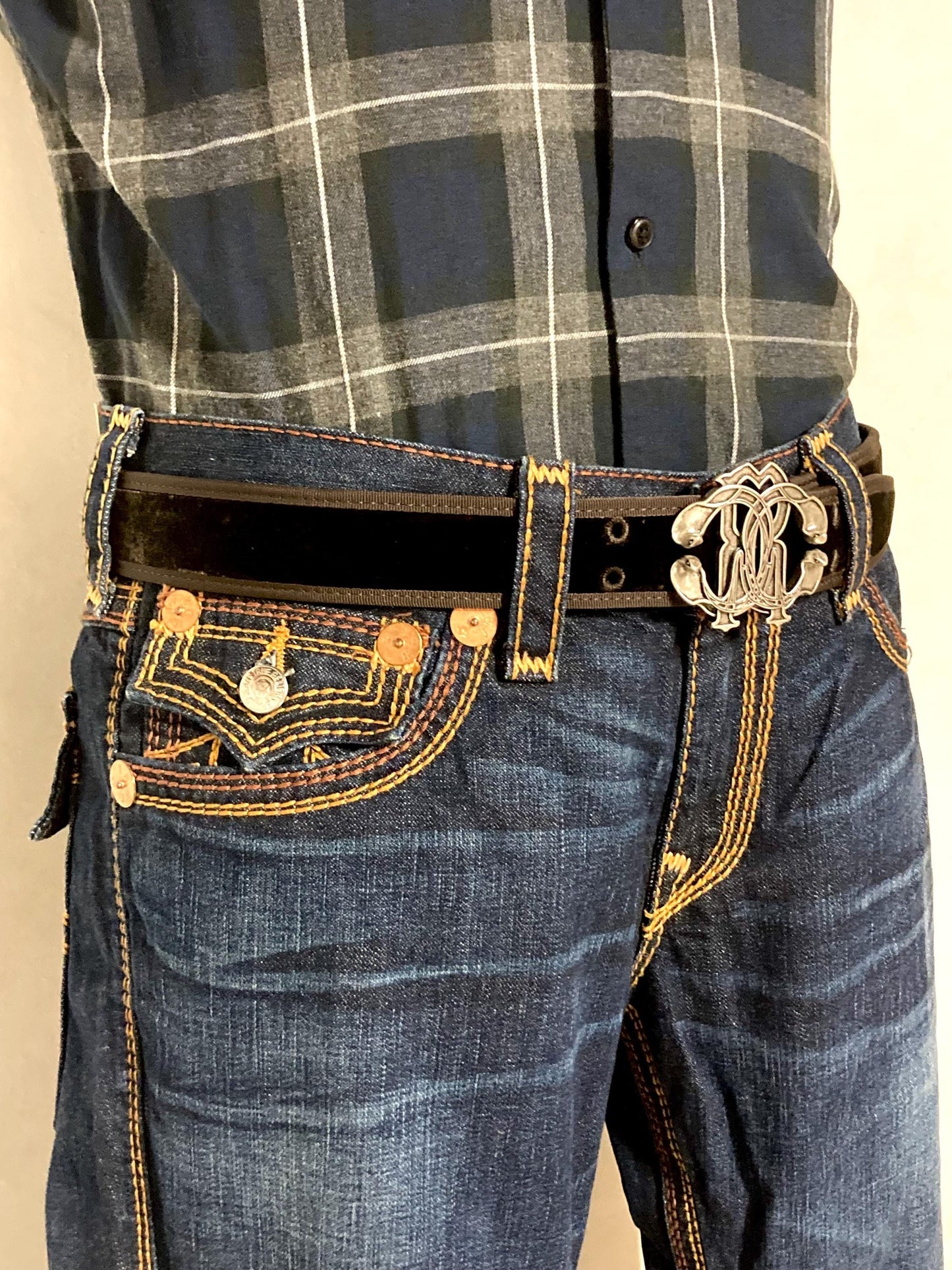 Roberto Cavalli Y2K vintage belt. Brown velvet with tape edge, Logo 'shield' buckle and leather back. Made in Italy. Mens NOS with dust bag