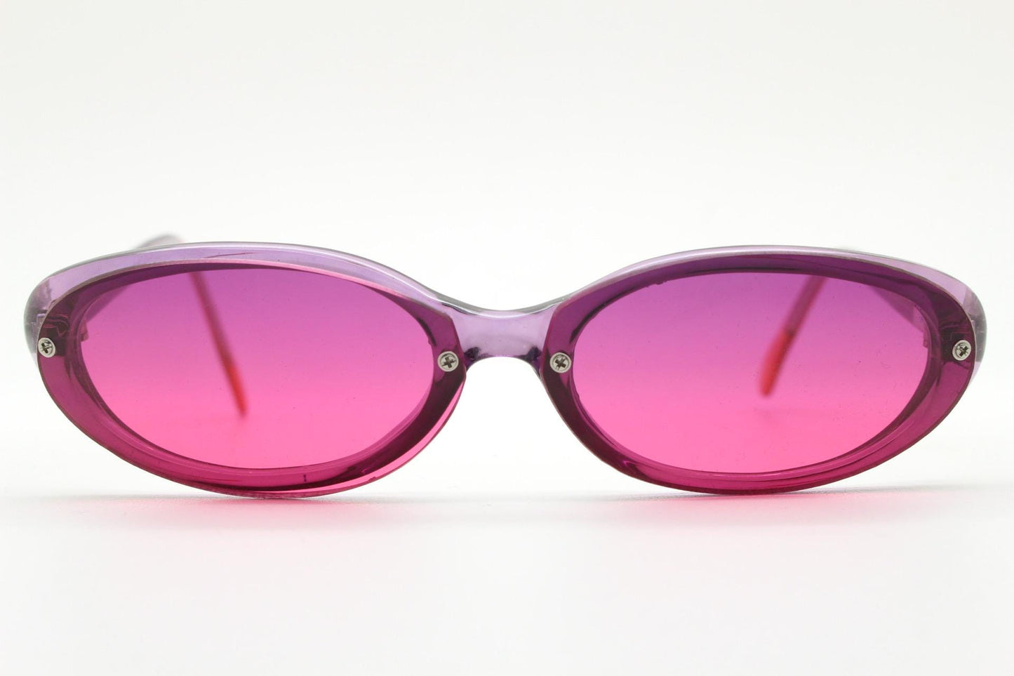Vintage 90s oval cat eye sunglasses. Low profile Womens transparent purple frame with intense pink lenses. Rockabilly cateye. Unused NOS