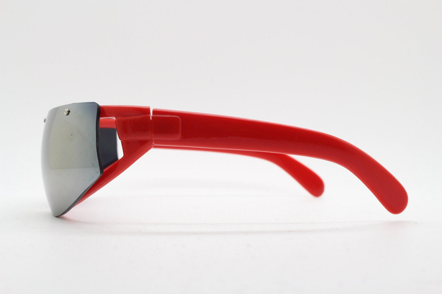 90s vintage visor shield sunglasses. Half frame wrap around in bright red with gold sunburst mirror lenses. Bug eye mask. 2000's. Y2K. NOS