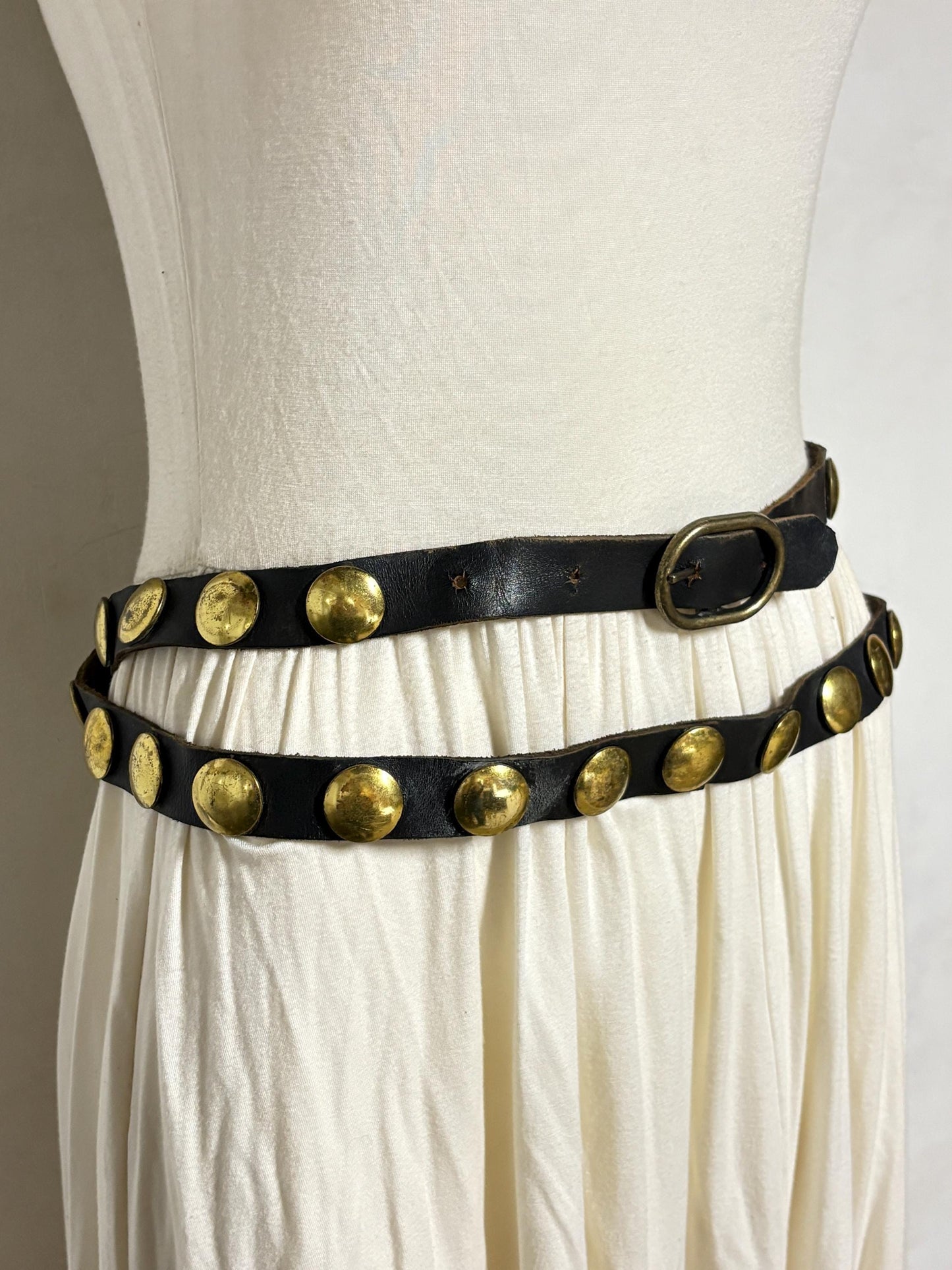 50s vintage double belt for a dress. Black genuine leather 1" height with big brass dome studs. Mexican Mariachi style cowgirl