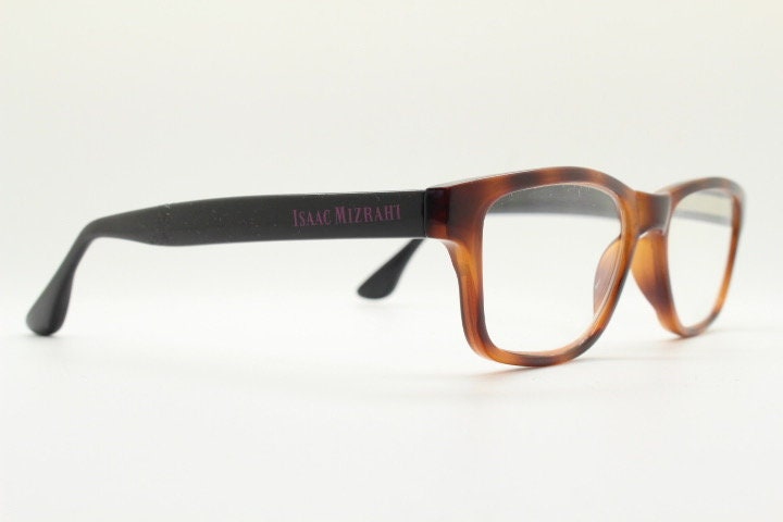 Isaac Mizrahi vintage rectangular eye glasses. Tortoise optical frames with contrasting black arms. Prescription RX. NOS spectacles