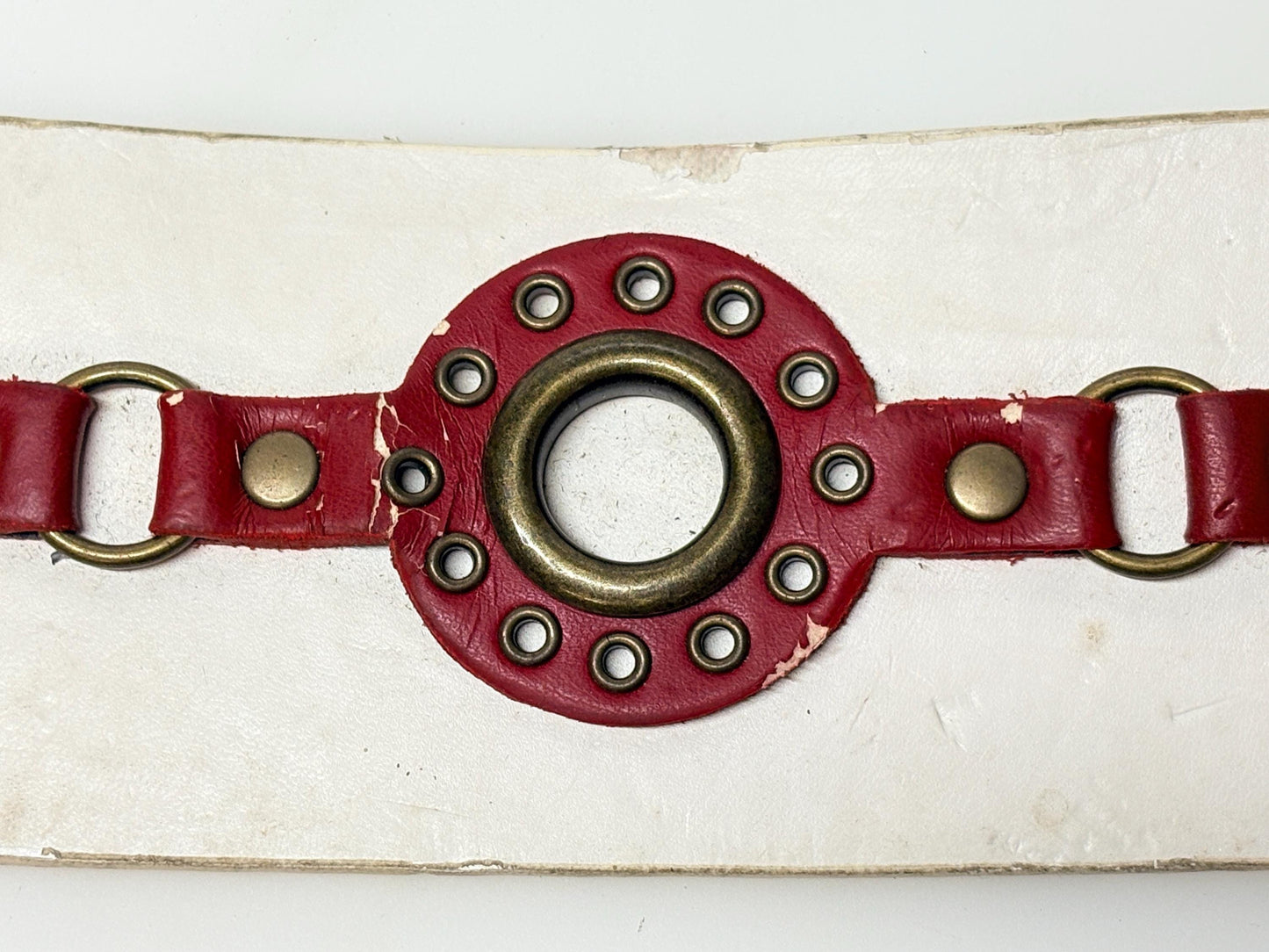 Y2K vintage womens white dress belt with red 'telephone dial' circles applique. Genuine 2000s with brass trims and buckle. NOS