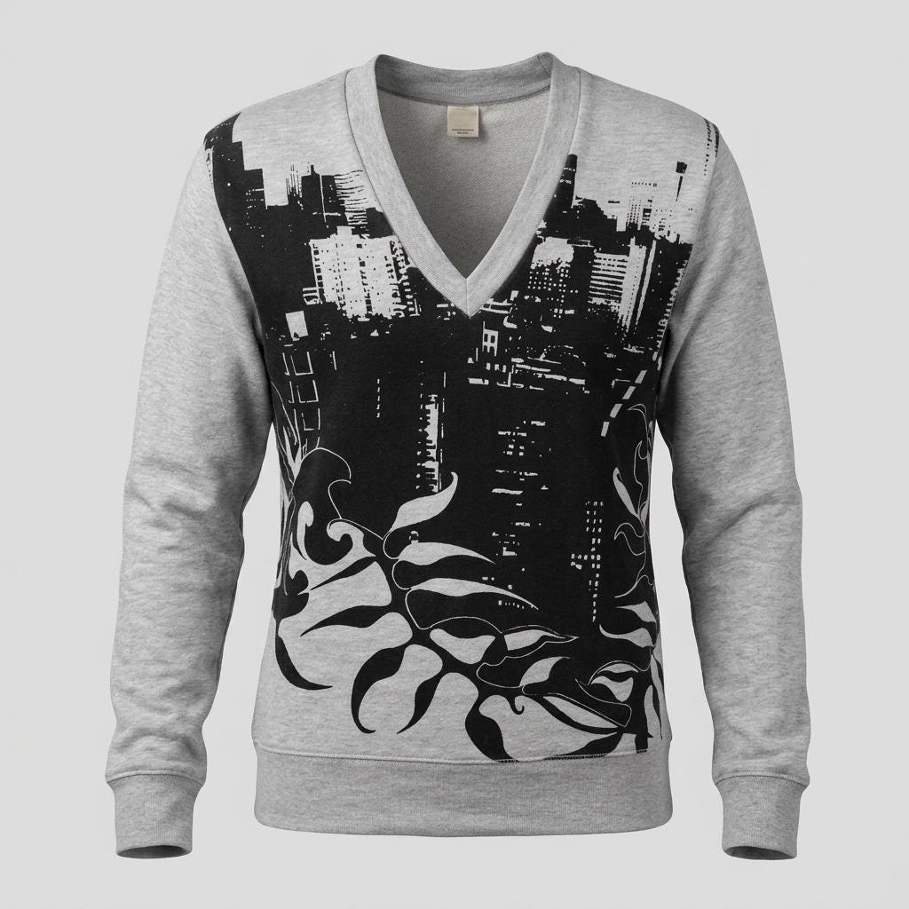 Vintage Y2K v neck grey sweatshirt with black abstract city scape graphic print. Womens fitted pullover top. 2000s sweater. Jumper