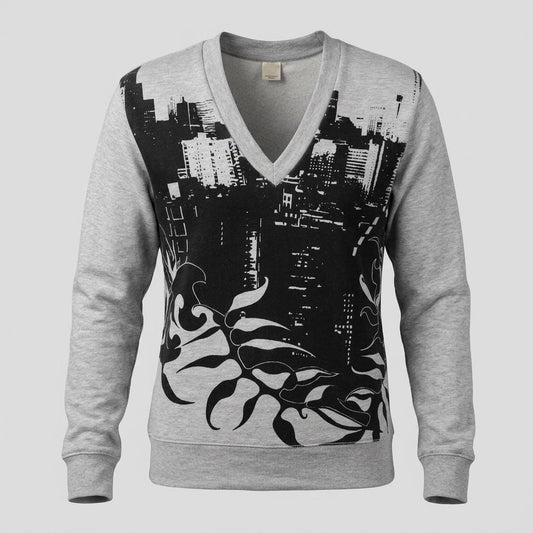 Vintage Y2K v neck grey sweatshirt with black abstract city scape graphic print. Womens fitted pullover top. 2000s sweater. Jumper