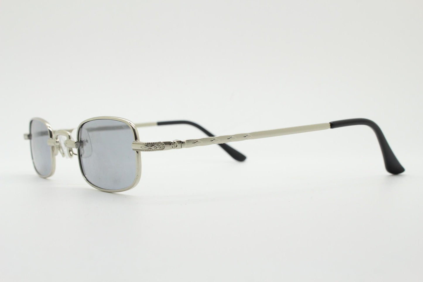 90s vintage small rectangular sunglasses. Imposing minimal silver victorian style frame with grey lenses. Steampunk. Unused NOS
