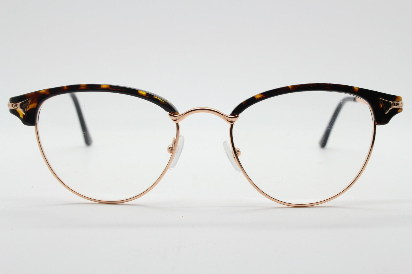 90s vintage browline cat eye glasses. Honey tortoise and gold half frame eyeglasses. 50s, 60s cateye design with clear lenses. NOS