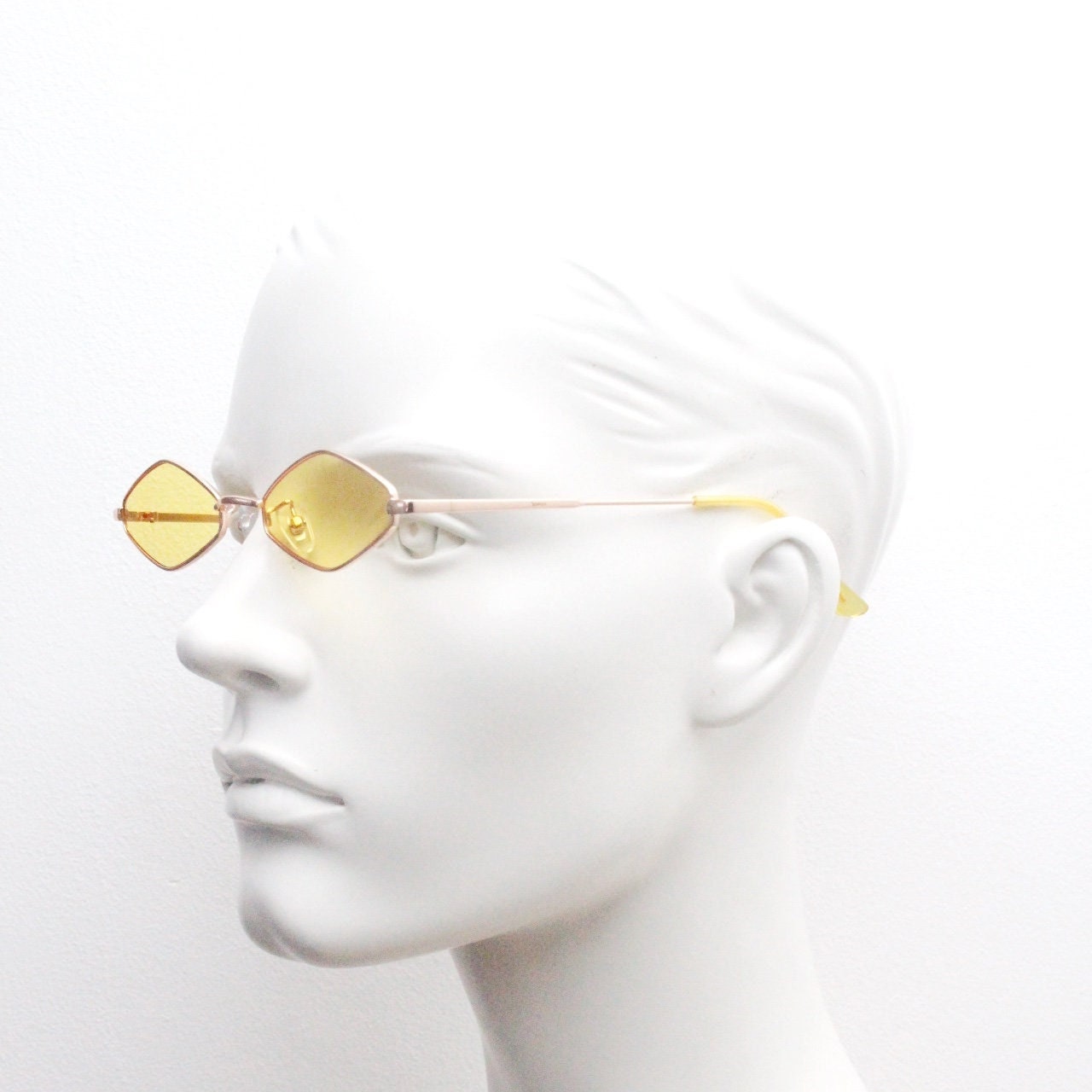 90s vintage small diamond sunglasses. Minimal gold psychedelic mod style frame with bright yellow lenses. Unused BNWT