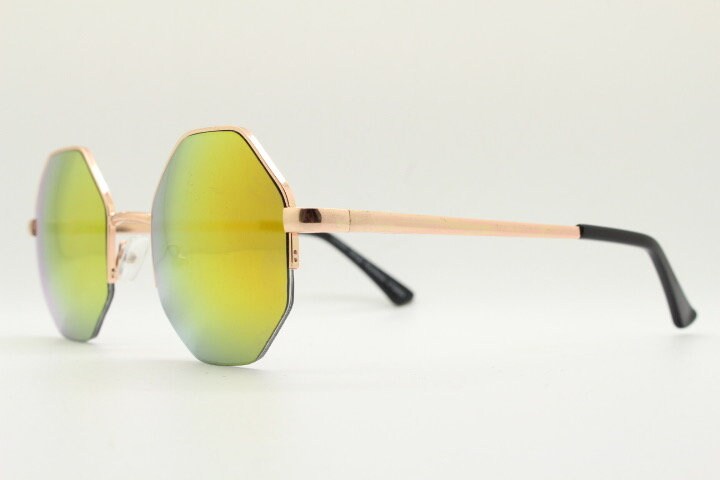 90s vintage octagon sunglasses. Blue 8 sided 60s design glasses with minimal half frame and gold arms. Hexagon. Unused NOS