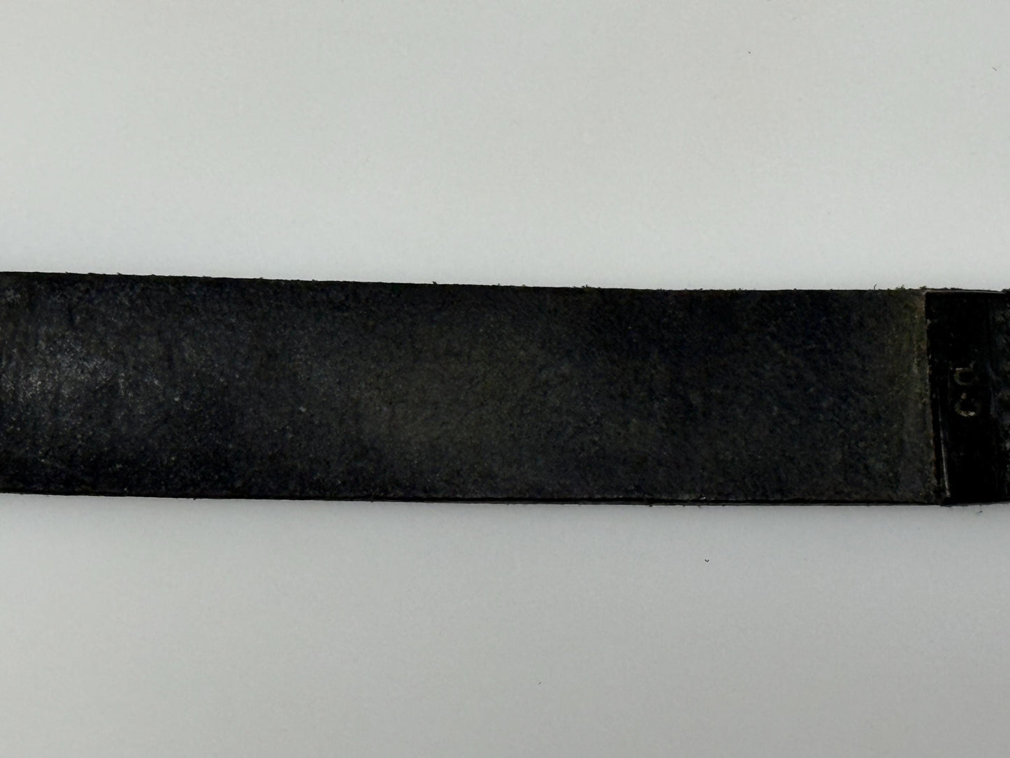 Armand Basi 90s vintage thick black genuine leather belt with distressed wide rectangular metal logo buckle. Single piece cowhide. Mens
