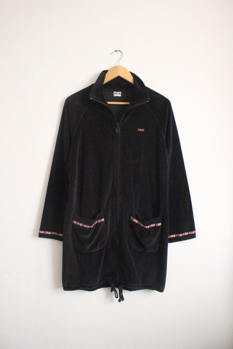 Vintage 80s Fila velour casual coat. Womens all black velvet double zipper long sleeve top. Original sport fashion grail
