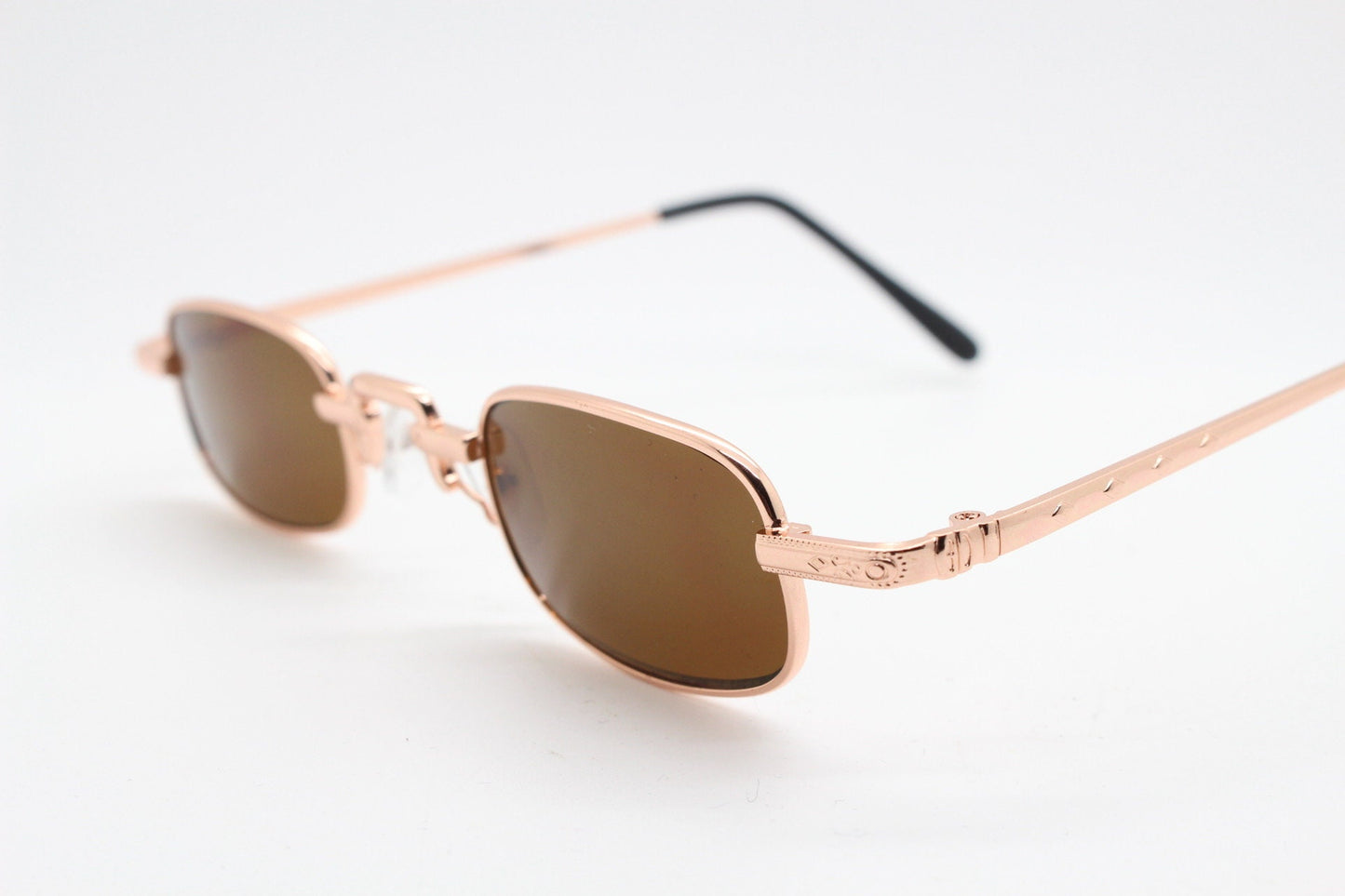 90s vintage small rectangular sunglasses. Imposing minimal gold metal victorian style frame with black lenses. Steampunk. Unused BNWT