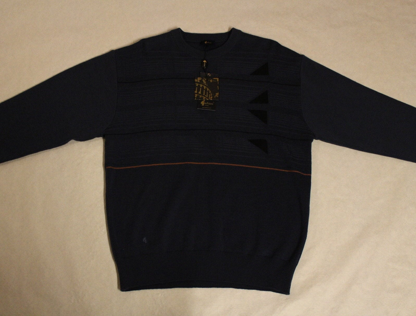 Gabicci vintage knit jumper with block pattern. Blue crew neck sweater. BNWT size L. 80s. One off sample pullover. Clearance - RRP 80 GBP