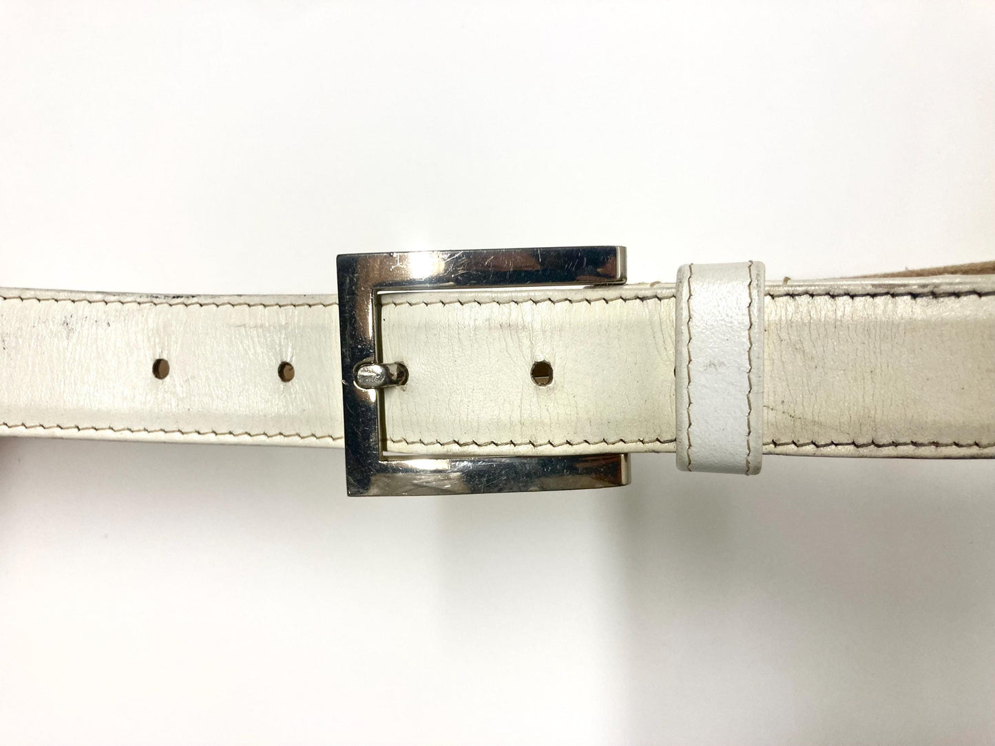 90s vintage womens dress or jeans belt by French Connection. Plain white genuine leather with chrome solid brass buckle. Made in England