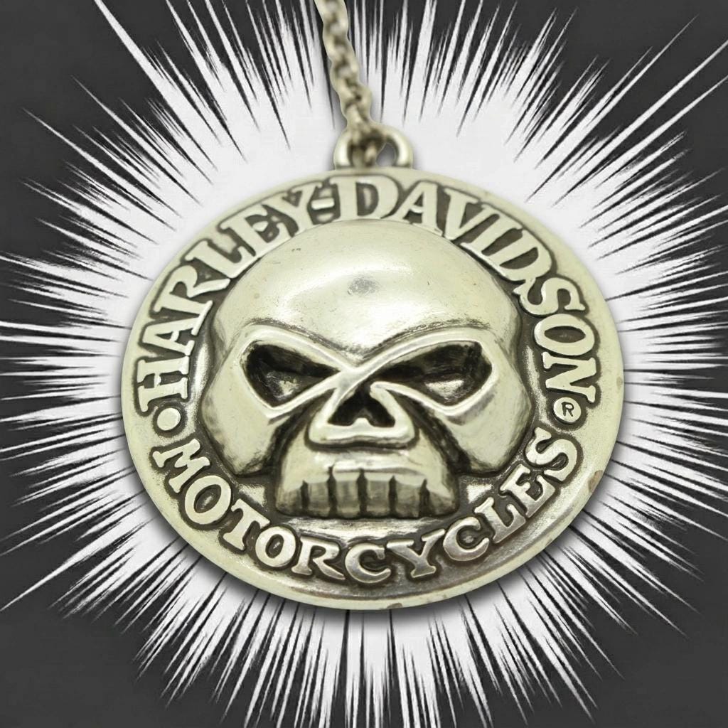 90s vintage Harley Davidson Motorcycles disc pendant necklace. Solid metal silver curved shield with standout skull on adjustable chain