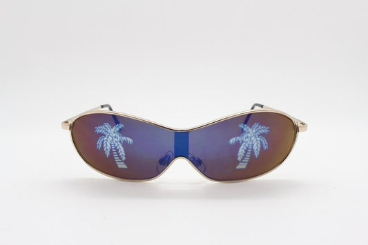 Party monster Y2K vintage visor sunglasses. Wraparound mono lens mini mask shield design with mind melting palm tree print. Unused NOS