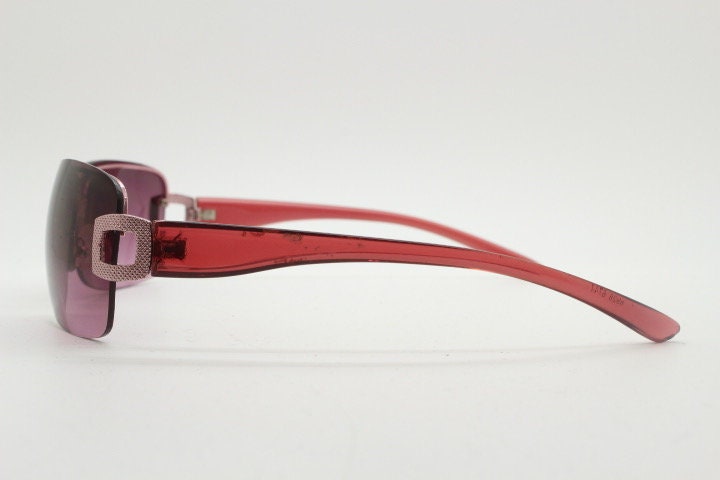 Y2K vintage rectangular purple sunglasses. Half frame 2000's wrap around with lethal mulberry curved lenses, gold trim and temple crests