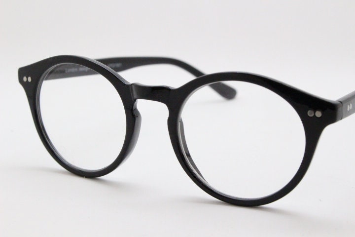 90s vintage small round glasses. 30s, 20s style black optical frames. Prescription eyeglasses with clear lens. RX spectacles