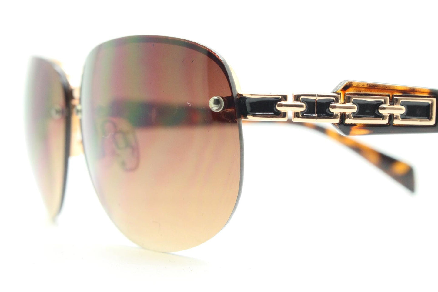 Y2K vintage rectangular brown sunglasses. Gold half frame with tortoise arms, chain link temples and graduating lenses. 2000's NOS