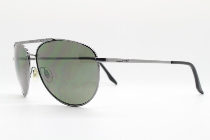 Gianfranco Ferre vintage aviator sunglasses made in Italy. Gunmetal grey chrome frame with green lenses. Mens aviators. Y2K New Old Stock