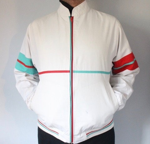 Gabicci Concept Design 80s vintage zip bomber jacket in white with green and red mirror image stripe details. Mens round neck. Cult casuals