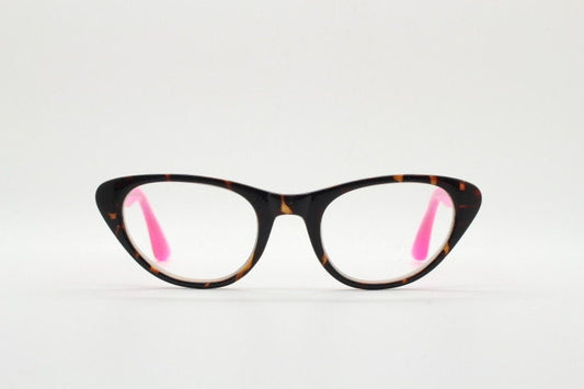 Isaac Mizrahi vintage cat eye glasses. Womens dark tortoise cateye optical frames with pink arms. Prescription eyeglasses. RX NOS spectacles