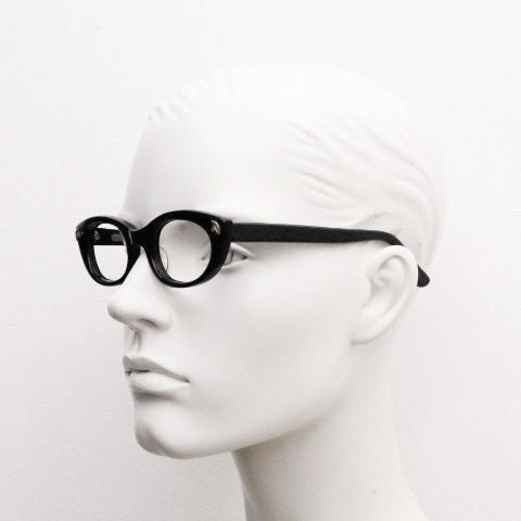 Kirk Originals cat eye glasses. Womens small black gloss acetate optical frames. Prescription RX eyeglasses. NOS. Rockabilly pin up