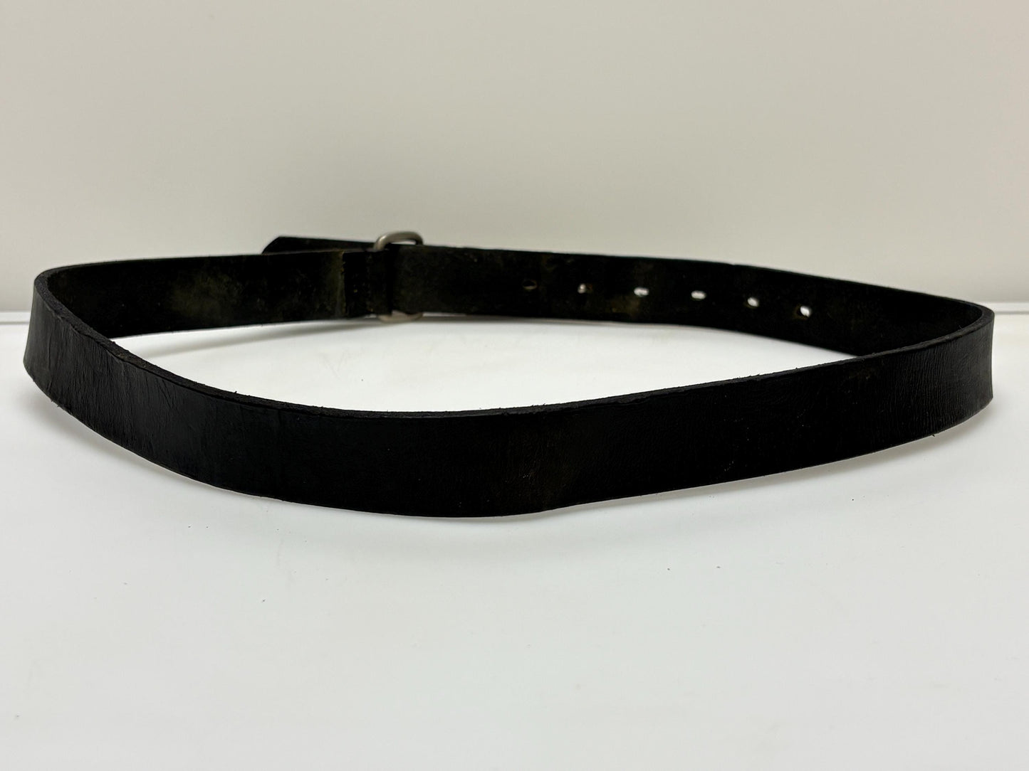 Armand Basi 90s vintage thick black genuine leather belt with distressed wide rectangular metal logo buckle. Single piece cowhide. Mens