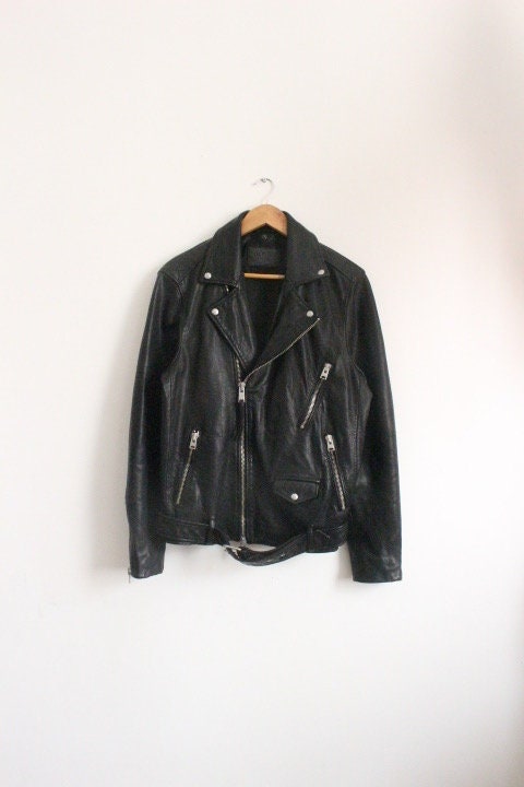 Allsaints black motorcycle jacket with. Genuine lambs leather hip length biker with fixed adjustable belt. BNWOT. Over 30% sale rrp 469 GBP