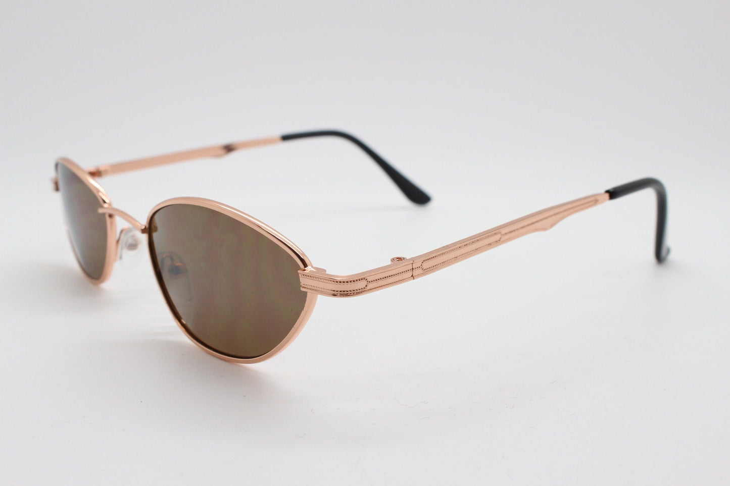 90s vintage low profile angular sunglasses. Minimal small rose gold metal frame with brown lenses, Unused. BNWT