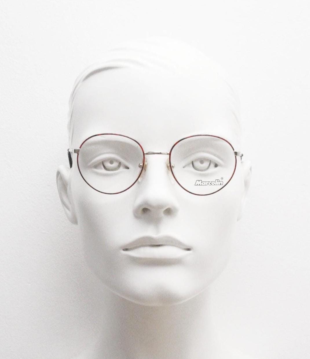 Marcolin 90s vintage round metal eye glasses made in Italy. Panto shape optical frames with attractive red and black front. Prescription RX