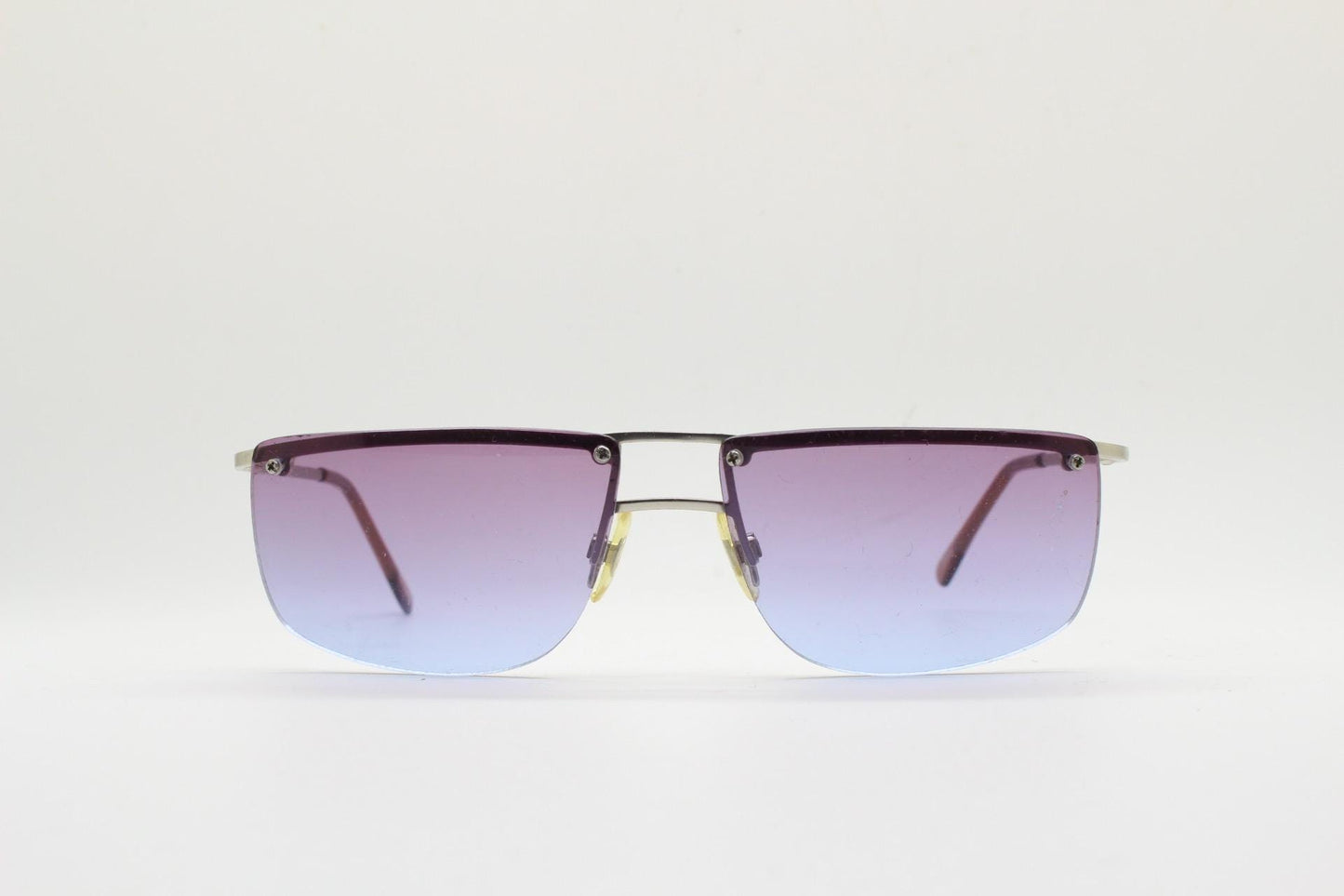 Y2K vintage purple shield sunglasses. 2000's satin finish metal half frame wraparound with sensational curving ombre lenses. 90s. 00s