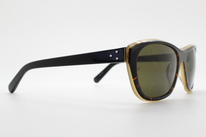 Linda Farrow Luxe sunglasses made in Japan. Blended black and tortoise layered acetate. Gallery Projects Vintage. NOS