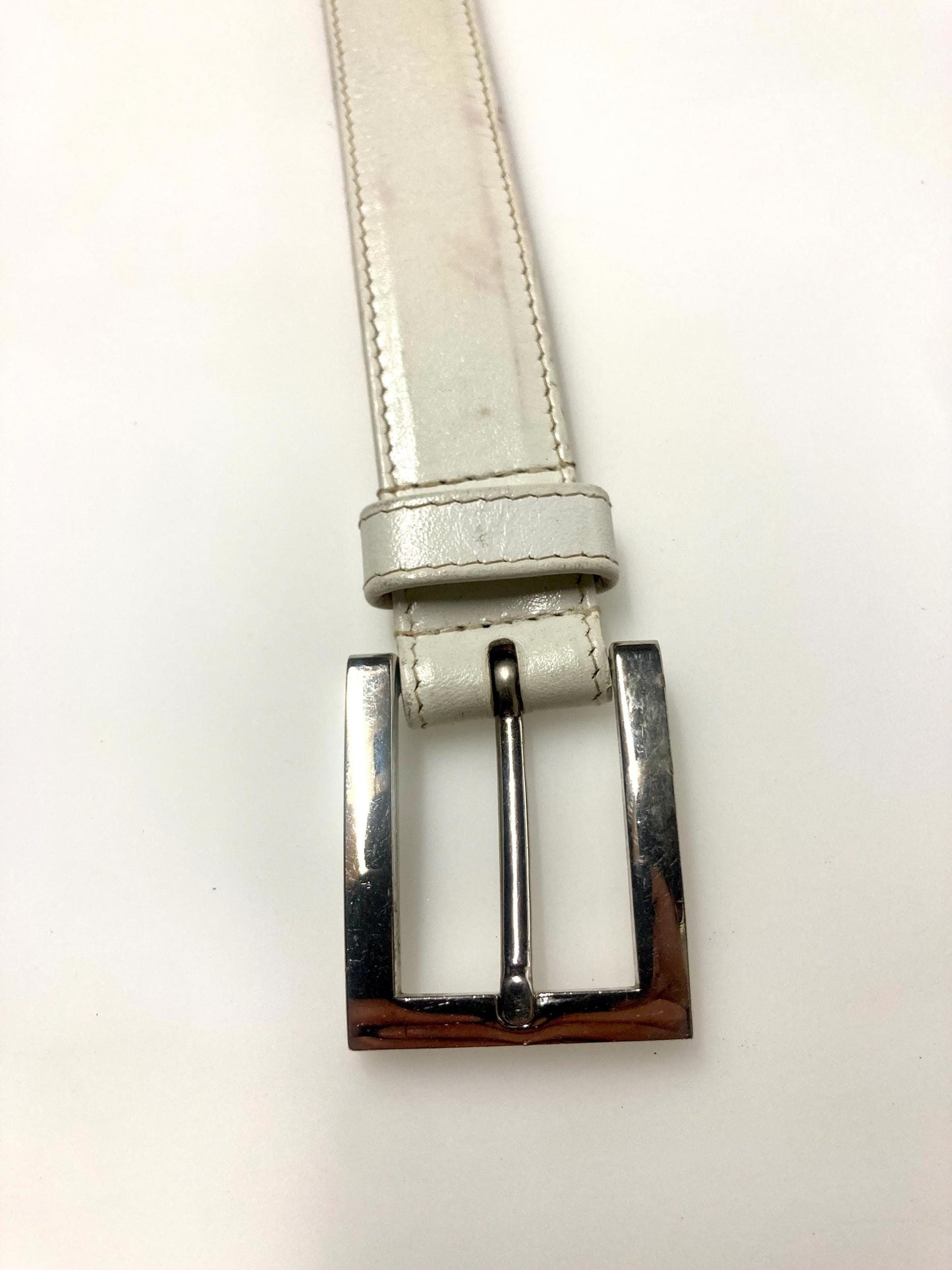 90s vintage womens dress or jeans belt by French Connection. Plain white genuine leather with chrome solid brass buckle. Made in England