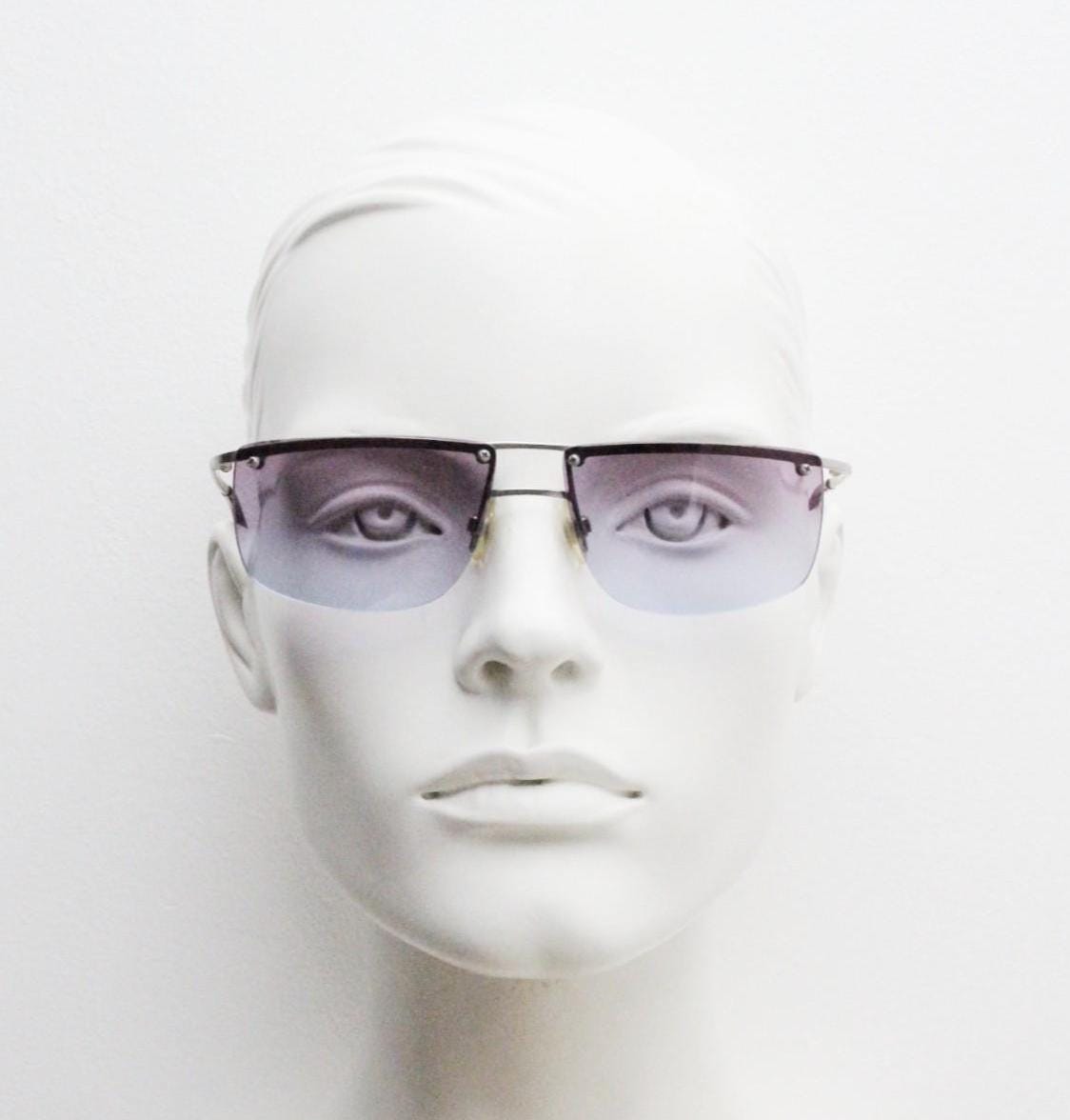 Y2K vintage purple shield sunglasses. 2000's satin finish metal half frame wraparound with sensational curving ombre lenses. 90s. 00s